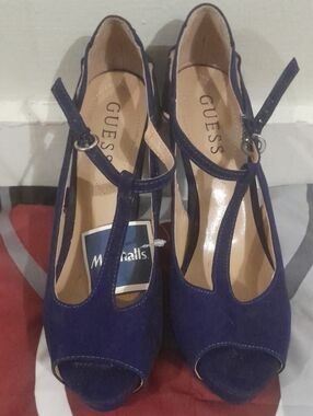 GUESS Navy Suede T-Strap Peep Toe Heels